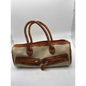 Womens Beige Faux Leather Barrel Handbag with Snake Print Accents